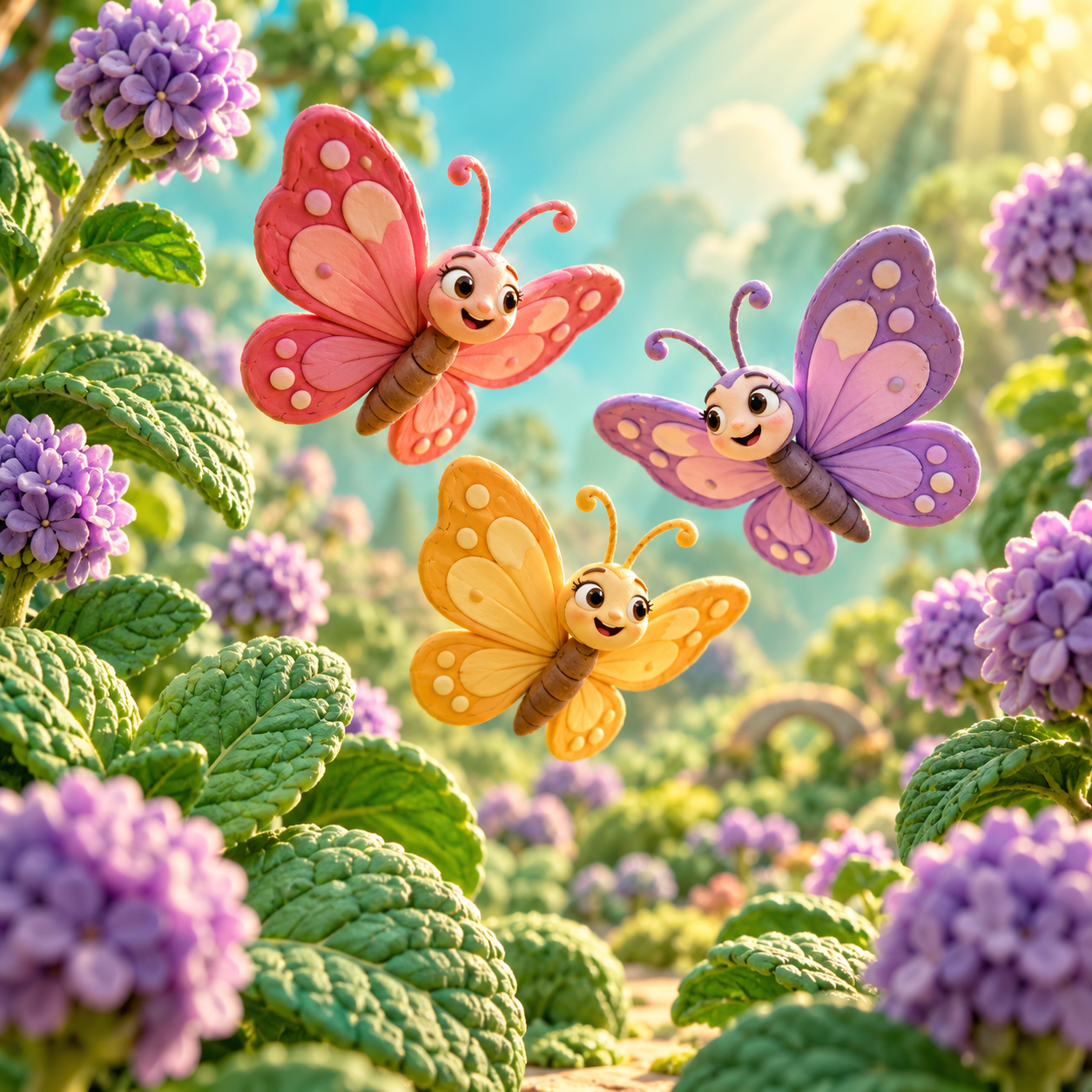 Three clay butterflies in a sunlit garden