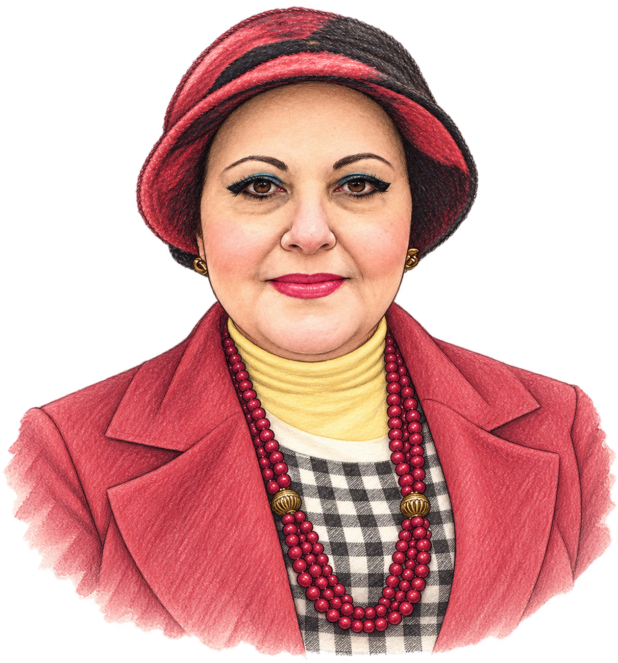 A soft coloured-pencil bust portrait of Fifi wearing her red and black hat and muted red jacket